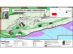 Location of Area 1 discoveries and base of till (BoT) drilling