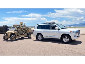 Kymeta's u8 flat-panel satellite antenna can be installed on top of a military-style off-road vehicle or a Land Cruiser.