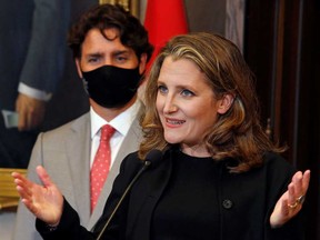 Deputy Prime Minister and Finance Minister Chrystia Freeland with Prime Minister Justin Trudeau on Parliament Hill in Ottawa.