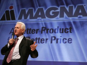 Frank Stronach speaks at the Magna International Annual Meeting at Toronto's Roy Thomson Hall on May, 3, 2005. Stronach's corporate constitution provided management with relatively low salaries and offered bonuses only when profits were generated for all stakeholders.