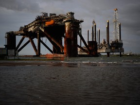 A decommissioned oil platform stands ahead of Hurricane Laura in Sabine, Texas, U.S., on Wednesday, Aug. 26, 2020.