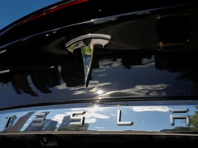 The Tesla company logo is pictured on a Model X electric vehicle.