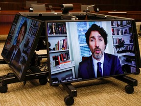 Canada's Prime Minister Justin Trudeau testifies via video conference during a House of Commons Standing Committee on Finance on July 30, 2020 in Ottawa.