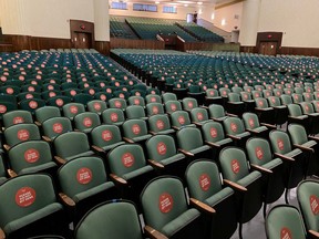 Chairs are marked to space students who will use the venue as a classroom at Tulane University in New Orleans, Louisiana.