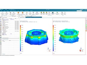 Simulation designed by Sintavia of an aerospace nozzle guide vane ring, both with and without supports, using Siemens Xcelerator™ simulation software.