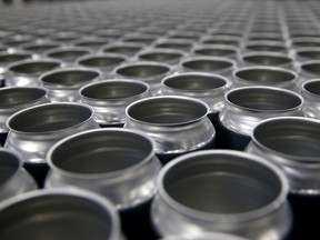 Stacks of empty aluminum cans sit on a pallet before being filled with beer at a brewery in San Carlos, California.
