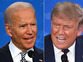 President Donald Trump, right, and Democratic rival Joe Biden, left, battled fiercely over Trump's record on the coronavirus pandemic, healthcare and the economy in a bad-tempered first debate marked by personal insults and Trump's repeated interruptions.