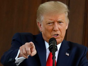 U.S. President Donald Trump speaks during a news conference on the North Portico of the White House in Washington D.C. on Monday.