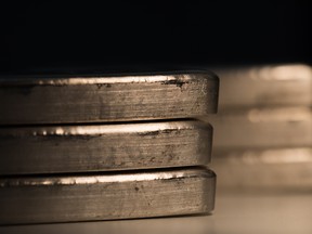 One-kilogram silver bars at a bullion dealer in London, U.K.