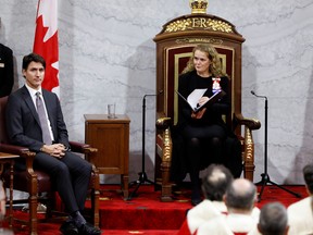 Governor General Julie Payette looks at Prime Minister Justin Trudeau during the delivery of the throne speech in the Senate, on Dec. 5, 2019.