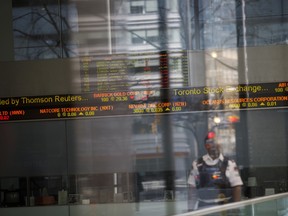A Toronto Stock Exchange (TSX) ticker is seen in the financial district of Toronto.