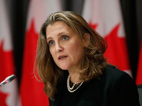 Finance Minister Chrystia Freeland speaks during a news conference in Ottawa on Sept. 24, 2020.