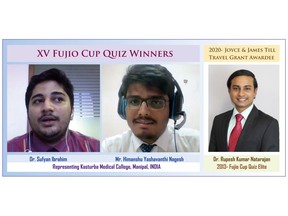 Winners of XV Fujio Cup Quiz, Dr. Ibrahim and Mr. Nagesh of Kasturba Medical College, India, with the 2020- Joyce and James Till Travel Grant Awardee, Dr. Natarajan, a 2013- FCQ Elite.