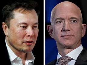 Amazon.com Inc.'s Jeff Bezos, right, and Tesla Inc.'s Elon Musk both added more than US$60 billion to their net worth in 2020, according to the Bloomberg index.