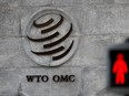 A logo is pictured outside the World Trade Organization (WTO) headquarters in Geneva, Switzerland.