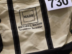 A bag from Bernard L. Madoff's estate is seen on display before being auctioned off in 2011.