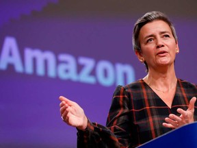 European Executive Vice-President Margrethe Vestager gives a press conference on an anti-trust case with the multinational technology company, Amazon website at European Commission in Brussels on Tuesday.