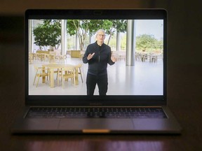 Tim Cook, chief executive officer of Apple, Inc, speaks during a virtual product launch in Tiskilwa, Illinois, U.S., on Tuesday.