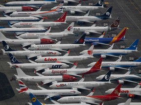 Dozens of grounded Boeing 737 MAX aircraft are seen parked at Grant County International Airport in Moses Lake, Washington.