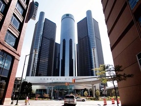 The General Motors world headquarters building is shown in Detroit, Michigan.