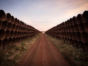 Miles of unused pipe, prepared for the proposed Keystone XL pipeline, sit in North Dakota in 2014.