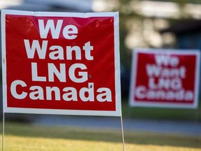 Signs reading "We Want LNG Canada" stand on a lawn in the residential area of Kitimat, British Columbia in 2016.
