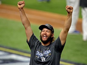 Los Angeles Dodgers starting pitcher Clayton Kershaw celebrates after the Dodgers beat the Tampa Bay Rays to win the World Series last week. A 2018 decision by the U.S. Supreme Court allowed for legalized sports betting to spread across states and to make gambling a much more noticeable part of the sport-watching experience.