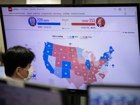 A foreign exchange trader monitors screens as results are broadcast from the United States election, on Nov. 4, in Tokyo, Japan.