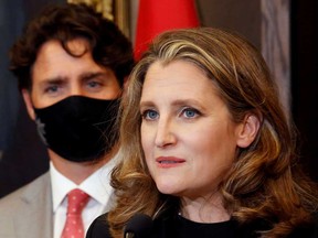 Deputy Prime Minister and Finance Minister Chrystia Freeland, seen here with Prime Minister Justin Trudeau, will present the fiscal update today.