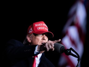 U.S. President Donald Trump speaks during a Make America Great Again rally at Richard B. Russell Airport in Rome, Georgia, on Nov. 1, 2020.