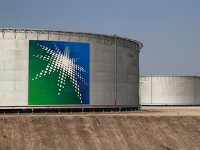 A view shows branded oil tanks at the Saudi Aramco oil facility in Abqaiq, Saudi Arabia.