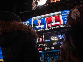 Election results on a digital billboard in New York City's Times Square on Nov. 3.