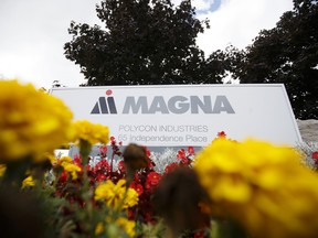 Autoparts manufacturer Magna International Inc.'s logo is seen at their Magna Polycon Industries facility in Guelph, Ont.