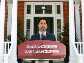ustin Trudeau, Canada's prime minister, speaks during a news conference outside Rideau Cottage in Ottawa, in May.