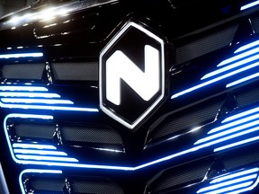 Nikola's logo pictured at an event in Turin, Italy, Dec. 3, 2019.