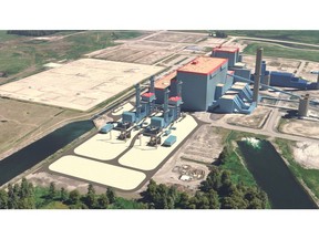 Capital Power has ordered Mitsubishi Power M501JAC gas turbines to repower Genesee Units 1 and 2 from coal to natural gas. Rendering shows gas turbines in the foreground. (Credit: Capital Power)