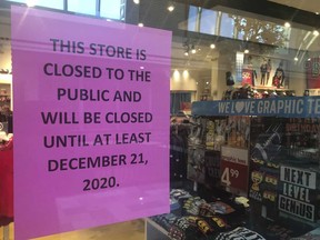 Stores in Toronto are closed to the public until at least Dec. 21, which could bring more job losses this month.