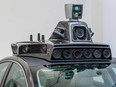 Cameras on a pilot model of an Uber self-driving car are displayed at the Uber Advanced Technologies Center in Pittsburgh, Pennsylvania.