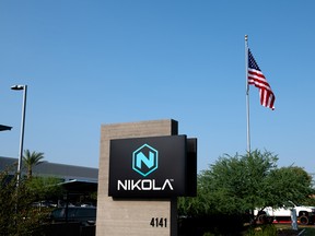 Signage is displayed outside Nikola Corp. headquarters in Phoenix, Arizona, in September.