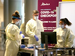 A COVID-19 checkpoint at Calgary International Airport.
