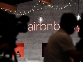 The Airbnb logo during a press conference in Tokyo in 2018.