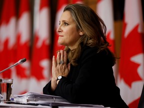Finance Minister Chrystia Freeland speaks to the media before unveiling her first fiscal update.