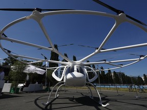 A Volocopter stands on display at the 2018 NOAH conference on June 6, 2018 in Berlin, Germany.