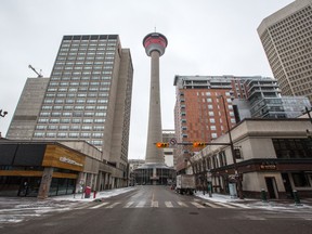 Downtown Calgary amid a lockdown in March. An L-shaped trajectory could be in store for Alberta and Newfoundland and Labrador, Canada’s two most oil-dependent provinces.