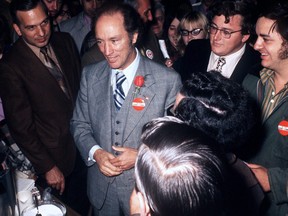 rime Minister Pierre Trudeau stands among supporters and well wishers on election night Oct. 30, 1972.