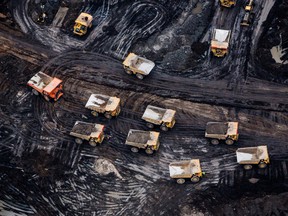 Heavy haulers are seen at the Suncor Energy Inc. Fort Hills mine in 2018.