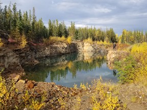 The Greywacke property bulk sample test pit. In 2013 the bulk sample test processed 12.164 t of material and produced 2,533 troy oz of gold with an average grade 6.87 per cent; the metallurgy allowed for 94.3 per cent gold recovery.