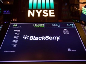 Shares of Waterloo, Ont.-based BlackBerry opened nearly 40 per cent higher when trading began on Monday.