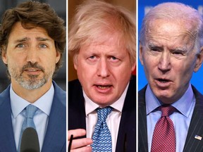 Many leaders have adopted the Build Back Better mantra, including Justin Trudeau, left, Boris Johnson, centre, and Joe Biden, and have been considering unprecedented spending programs on things that have nothing to do with tackling the virus, for example climate change.