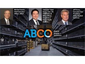 Daikin North America LLC -- a subsidiary of Daikin Industries, Ltd. the world's largest manufacturer of heating, cooling, and refrigerant products -- announced today a strategic alignment with ABCO HVACR Supply + Solutions, the leading full line distributor of HVAC and refrigeration systems and supplies in the Northeastern United States. ABCO will begin promoting the full line of Daikin ductless, residential unitary, light commercial and commercial HVAC products, as well as controls, air quality, parts and accessories throughout their distribution footprint while continuing to fulfill existing obligations. (l-r) Mike Senter, CEO of ABCO; Takayuki "Taka" Inoue, EVP and Chief Sales and Marketing Officer, Goodman / Daikin North America; and Jeff Drees, EVP, Daikin Applied Americas.